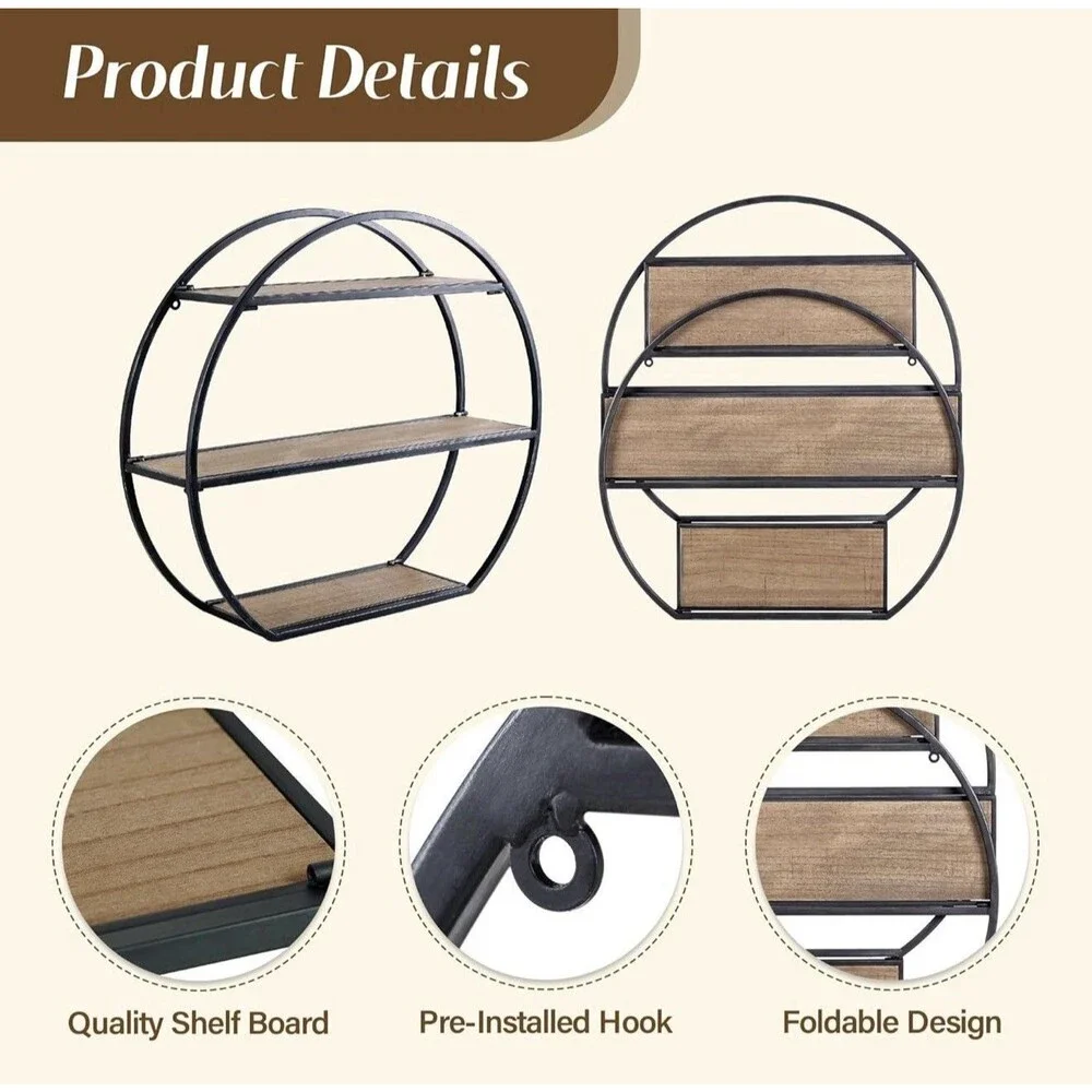 Industrial 3-Tier Semi-Circle Wall Shelves with Metal Bracket and Wood